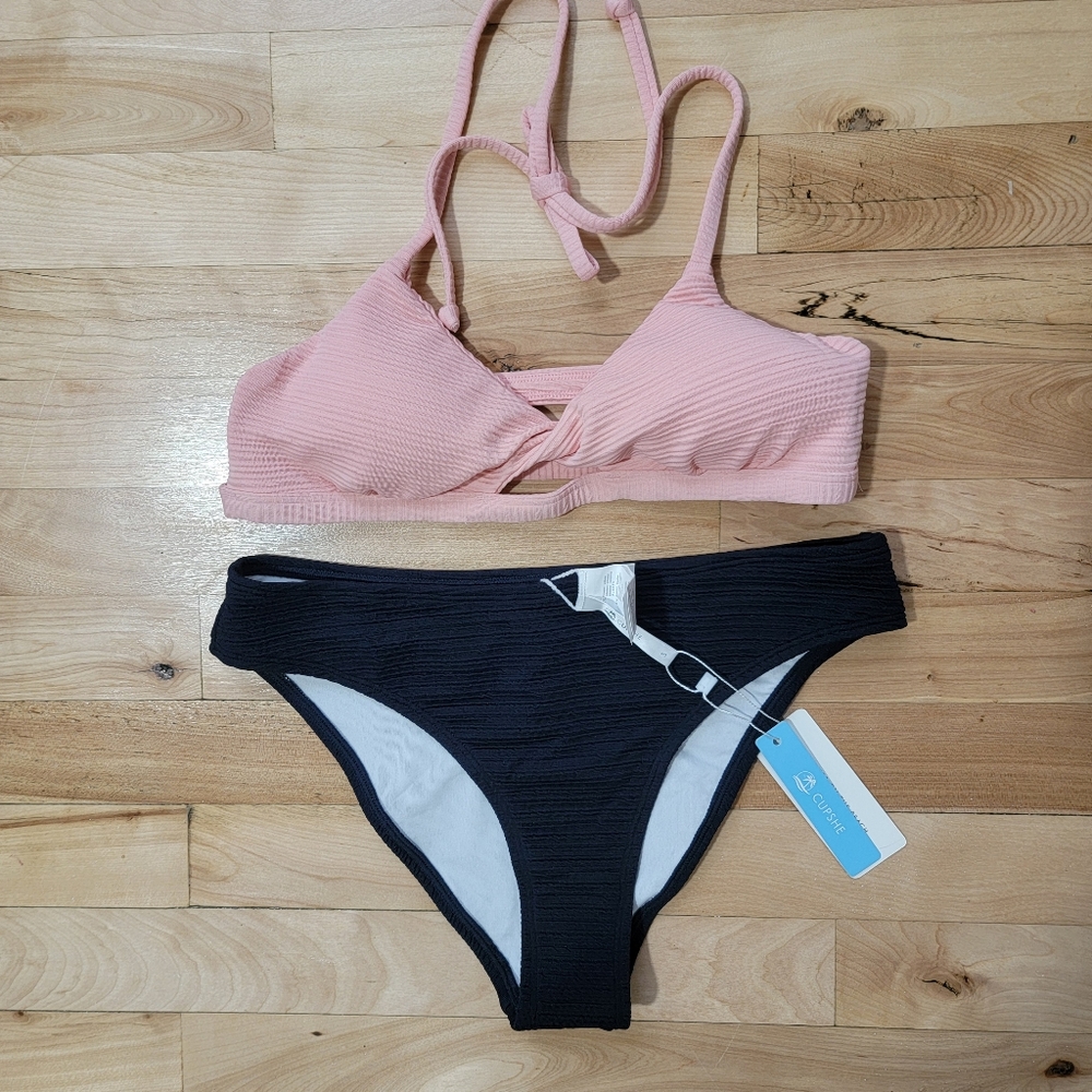 Cupshe Pink Ribbed Bikini Top and Black Ribbed Bikini Bottom